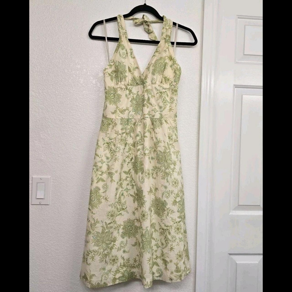 Robin Jordan Women's Cream and Green Halter Neckline V-neck Floral Pattern Dress